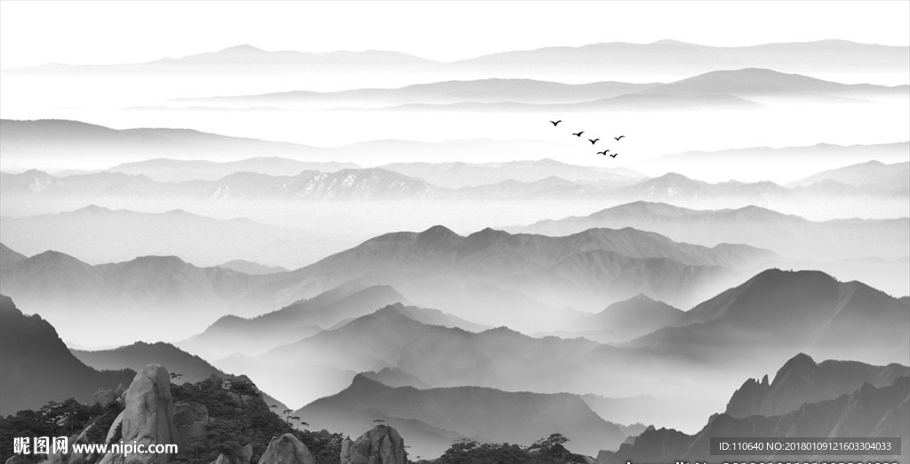 新中式写意禅意山水画背景墙