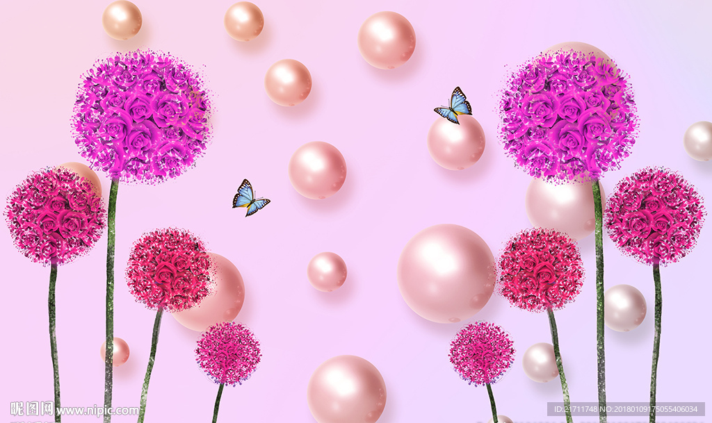 梦幻玫瑰蒲公英蝴蝶电视背景墙