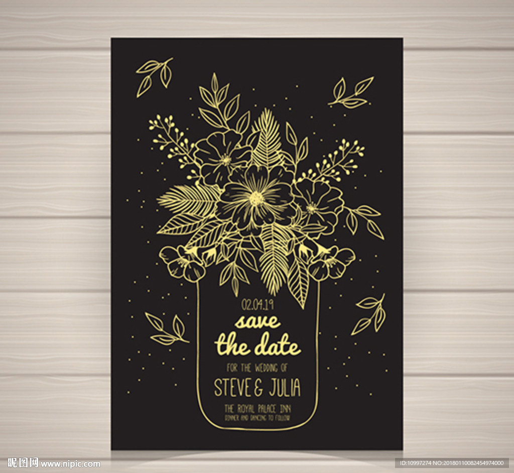 高端时尚金色手绘插画花卉花朵海