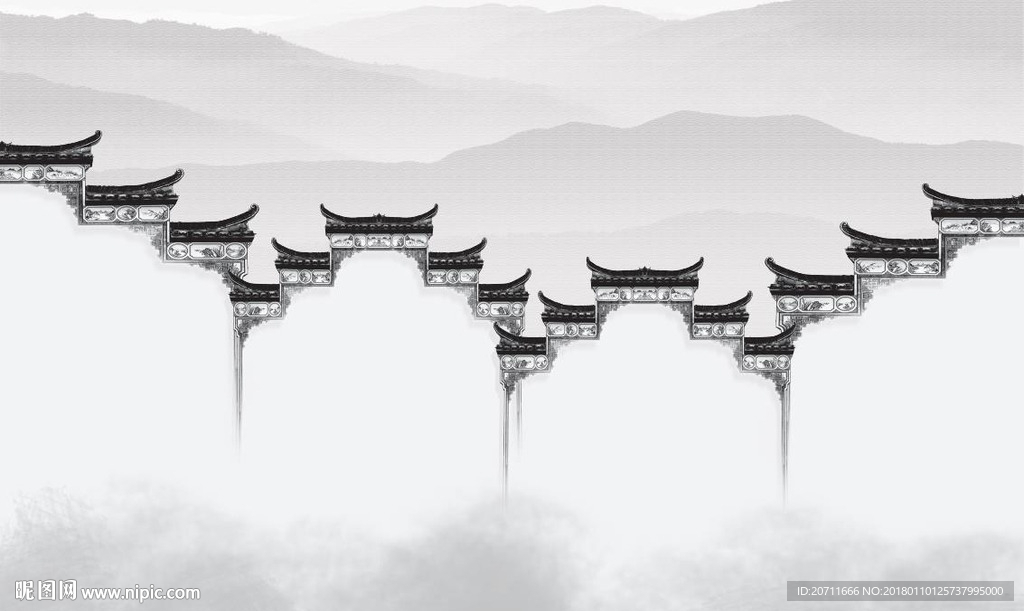 新中式黑白马头墙建筑风景画