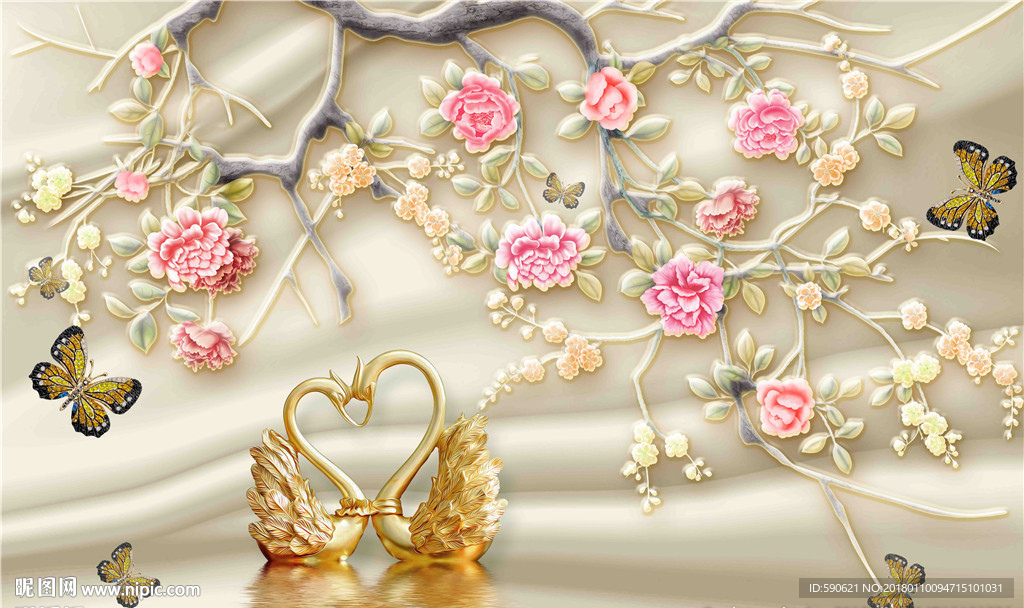 3D丝绸蝴蝶珍珠背景墙壁画