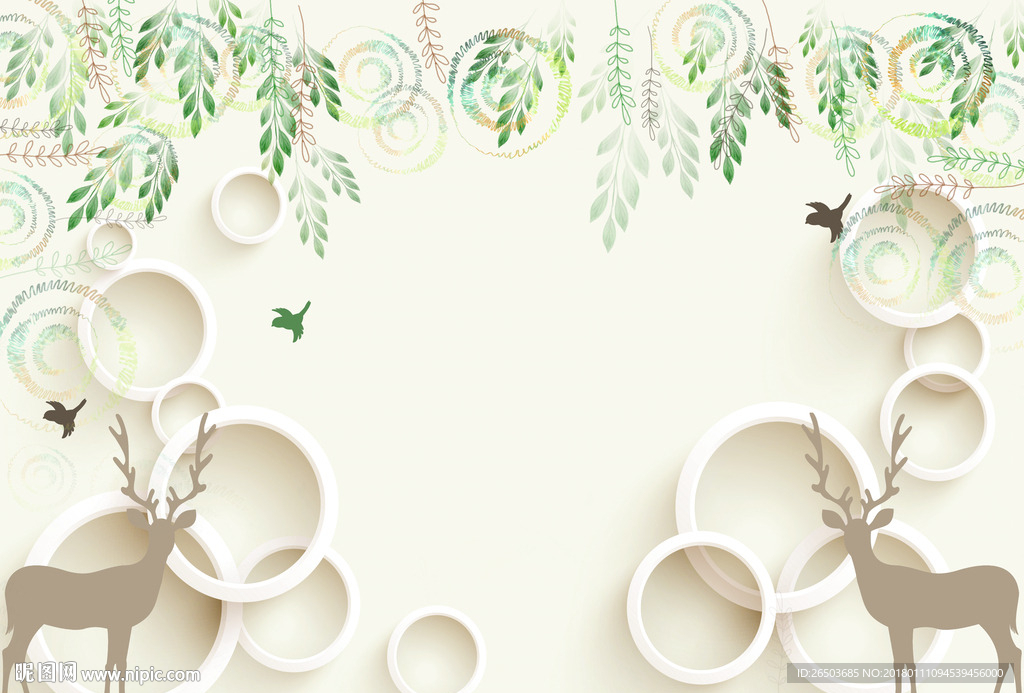 清新麋鹿绿叶背景墙