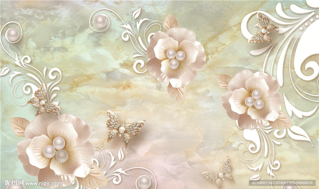 3D玫瑰玉雕背景墙壁画