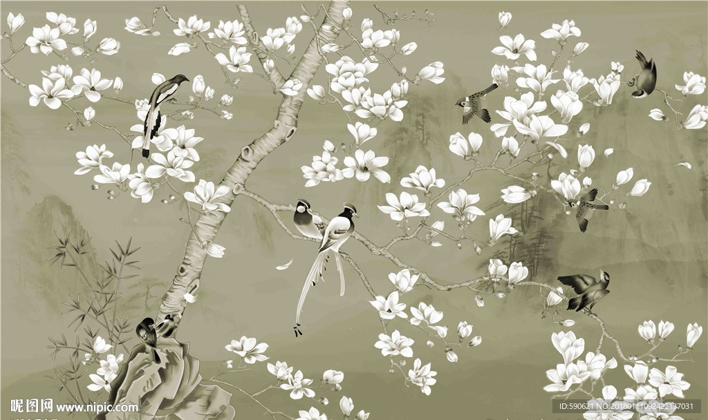 工笔花鸟背景墙