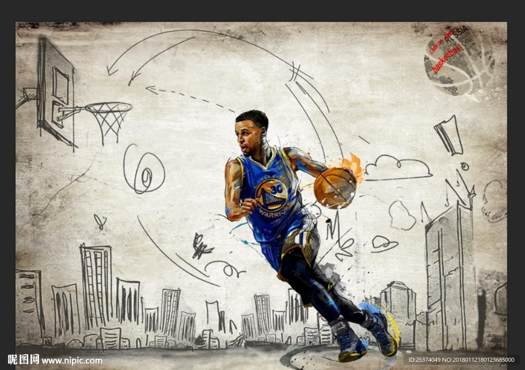 NBA篮球詹姆斯复古背景手绘涂