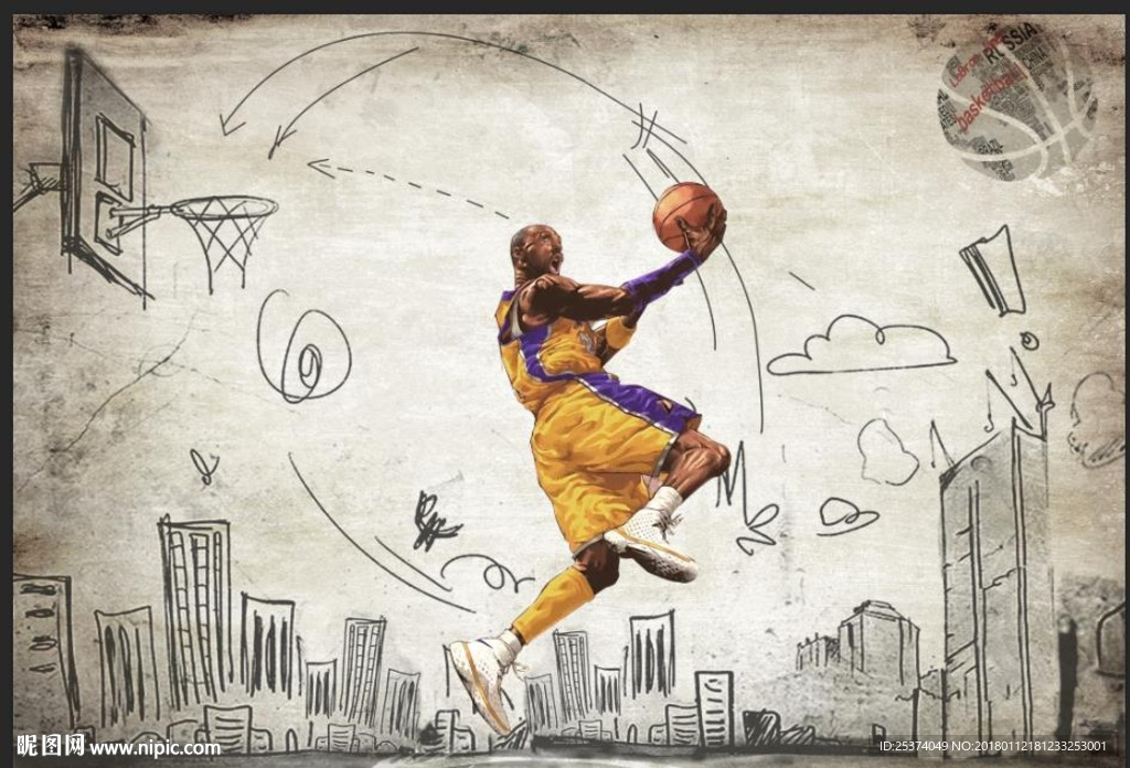 NBA篮球涂鸦都市背景墙