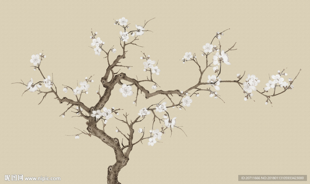 手绘彩绘禅意梅花条屏硬包背景
