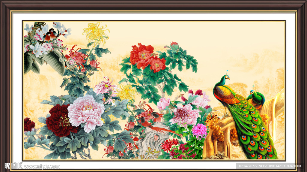 花开富贵孔雀图