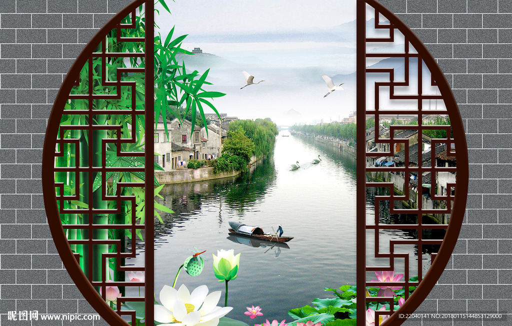 中式江南圆门小乔流水风景