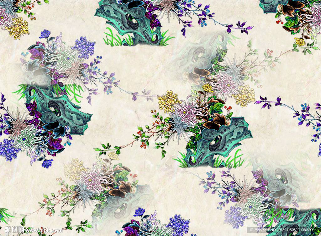 水墨画 山石 花  树叶 树枝