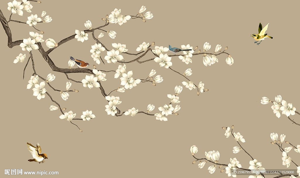 工笔画花鸟背景墙