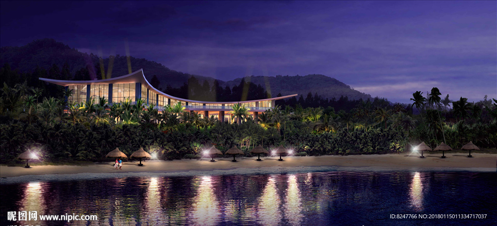 海边夜景酒店效果图