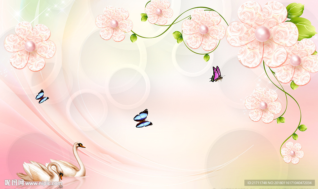 梦幻花卉天鹅简约圈圈电视背景墙