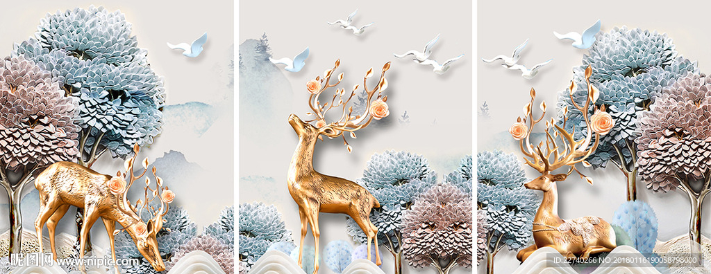 北欧麋鹿浮雕森林三联画装饰画