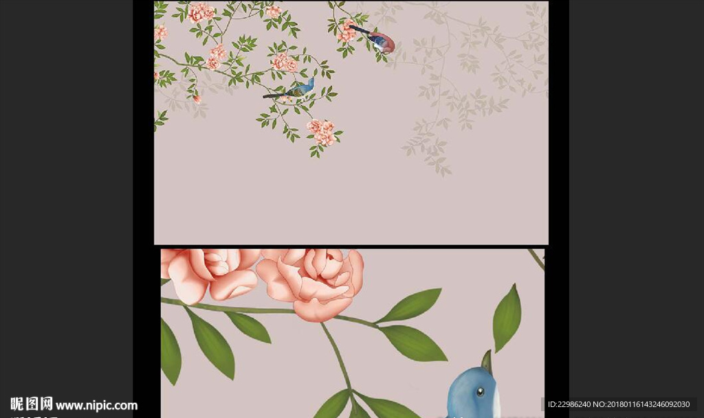 新中式手绘花鸟背景墙工笔花鸟