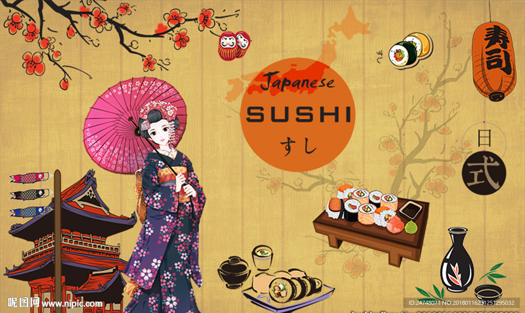 日式风格和服仕女寿司背景墙
