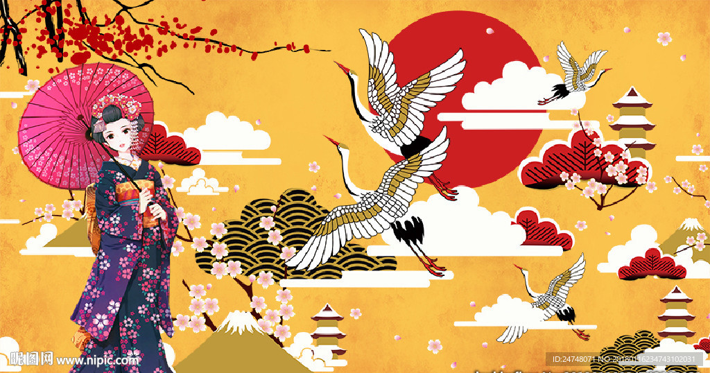 日本日式和风仕女仙鹤图