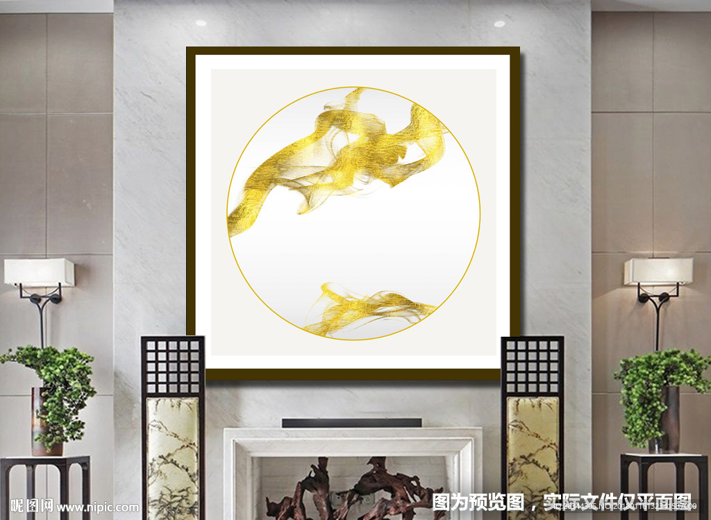 新中式简约抽象元圆形金色装饰画
