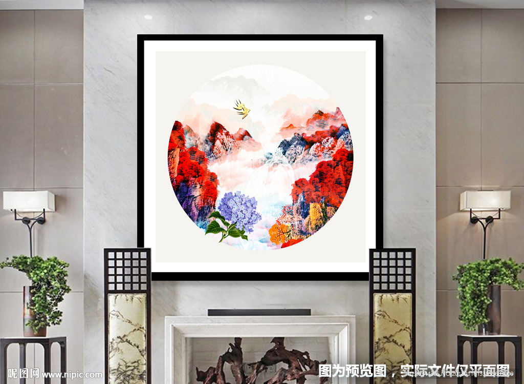 新中式古典古风山水圆形装饰画