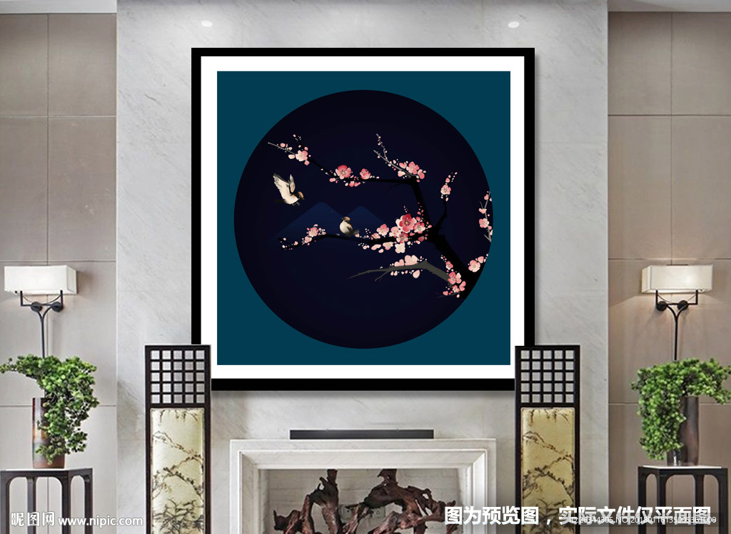 新中式圆形创意国画花鸟装饰画