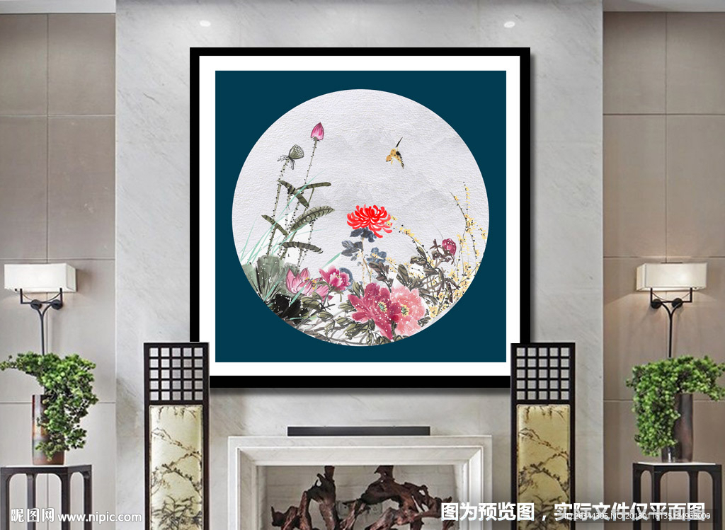新中式古风花鸟圆形装饰画无框画