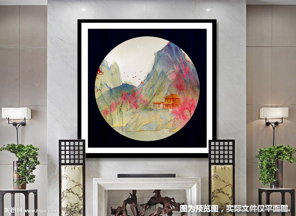 新中式风景水墨山水圆形装饰画