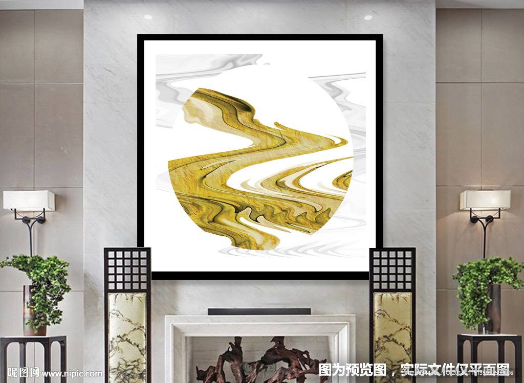 新中式金色抽象河流圆形装饰画