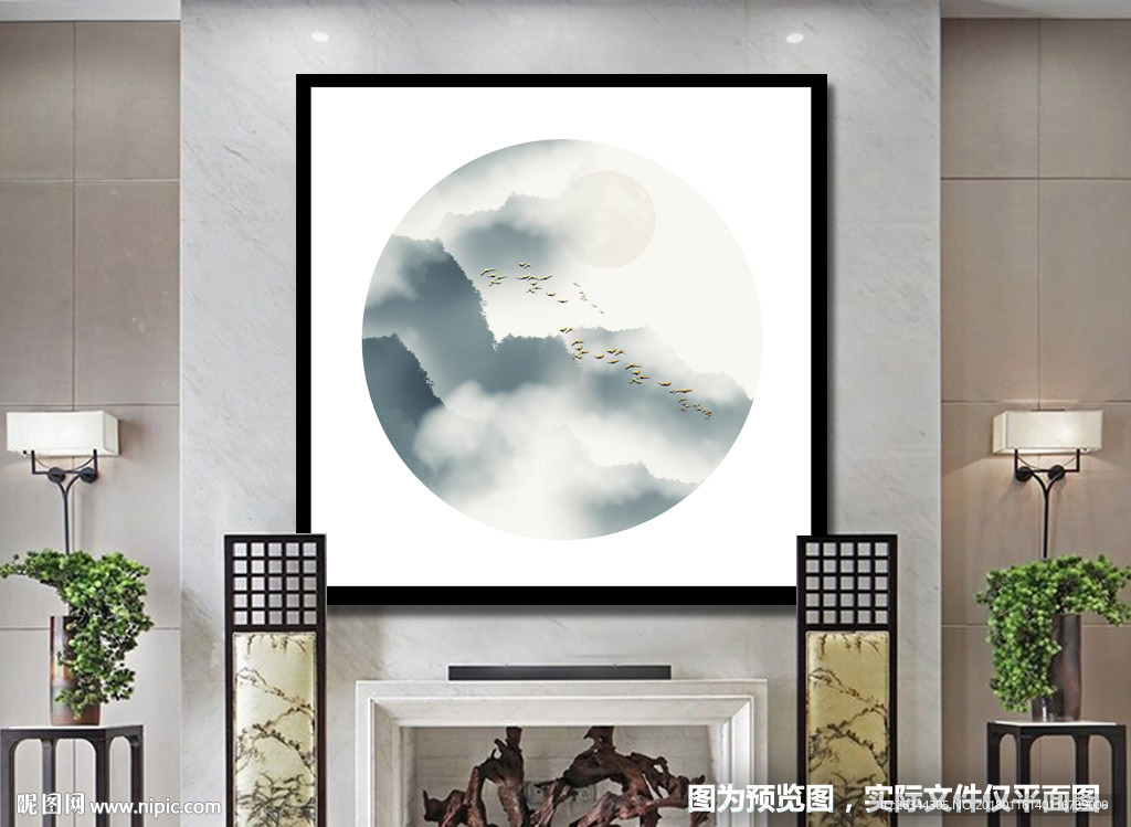 新中式圆形禅意山水装饰画