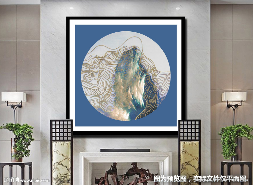 创意新中式线条水墨河山装饰画