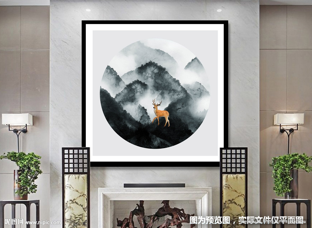 新中式水墨山水圆形装饰画有框画