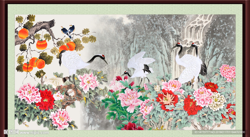 花开富贵仙鹤图