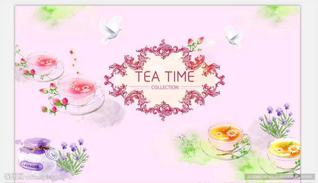 唯美花茶餐饮背景墙壁画形象墙