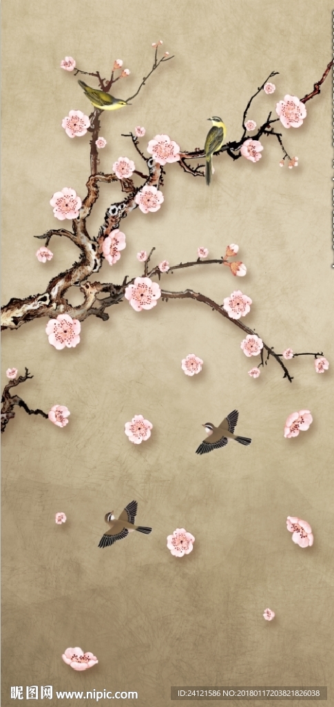 新中式手绘梅花花鸟玄关背景墙