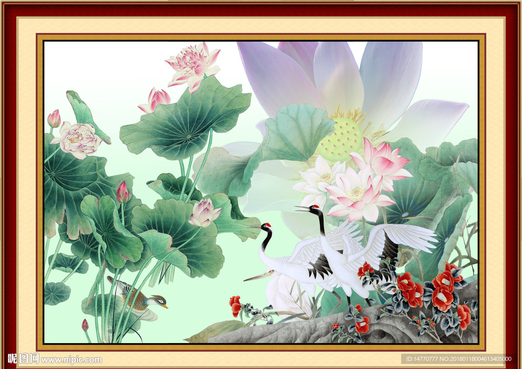 荷花仙鹤图