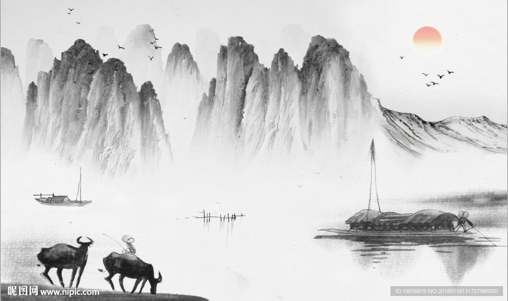 江南小镇水墨画背景墙