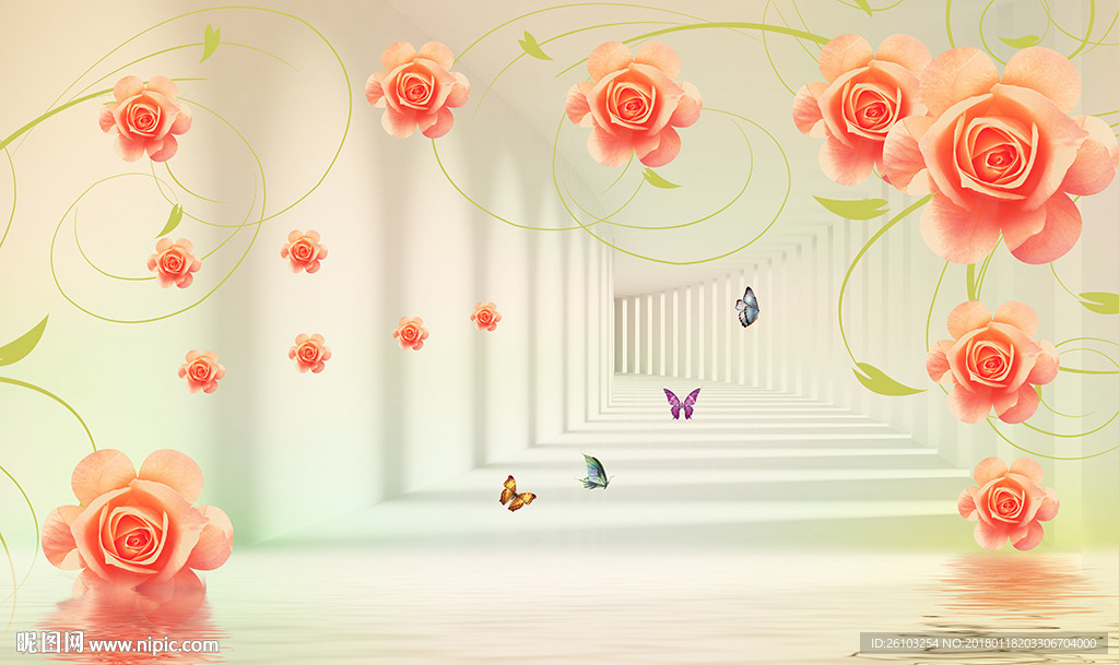 现代花卉蝴蝶3D空间电视背景墙