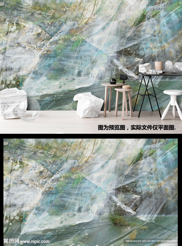 大气风景油画设计瀑布海浪背景墙