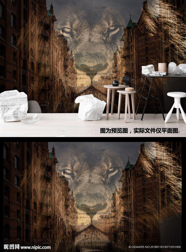 大型建筑风景狮子霸气客厅背景墙