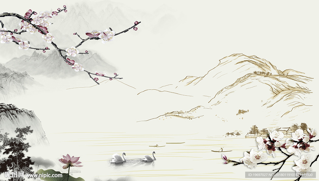 中式水墨兰花电视背景墙