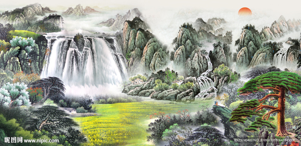 山水国画电视背景墙