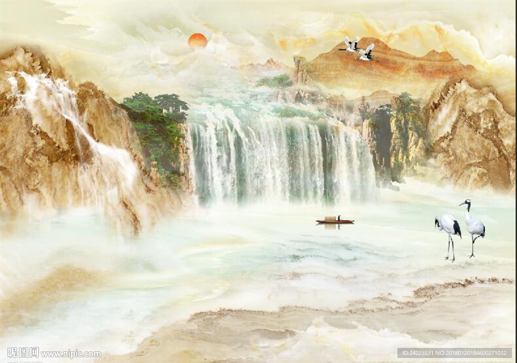 大理石山水风景画流水生财瀑布