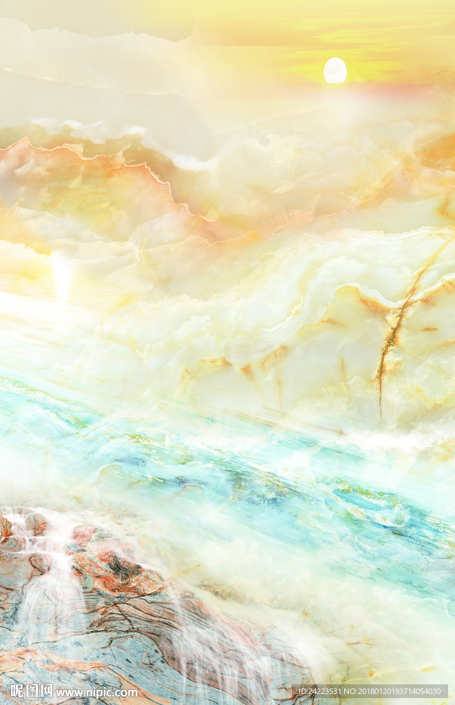 大理石纹山水流水旭日东升玄关