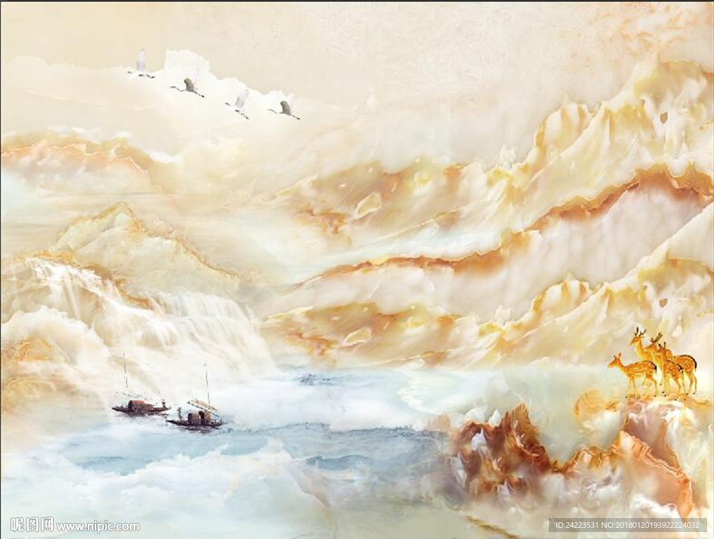 大理石纹石纹山水江山如画船鹿