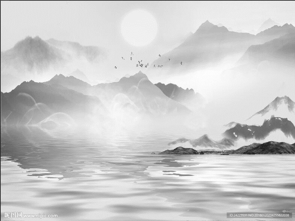 新中式意境冰壶秋月水墨山水画