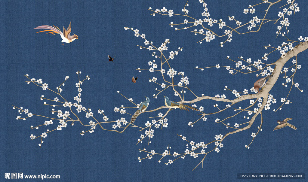 蓝色花鸟图背景墙