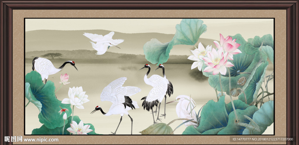 荷花仙鹤图