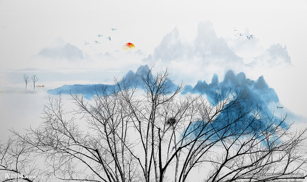 手绘水墨山水装饰画背景墙