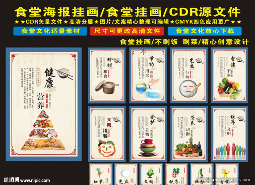 食堂文化蓝色背景展板10块图片