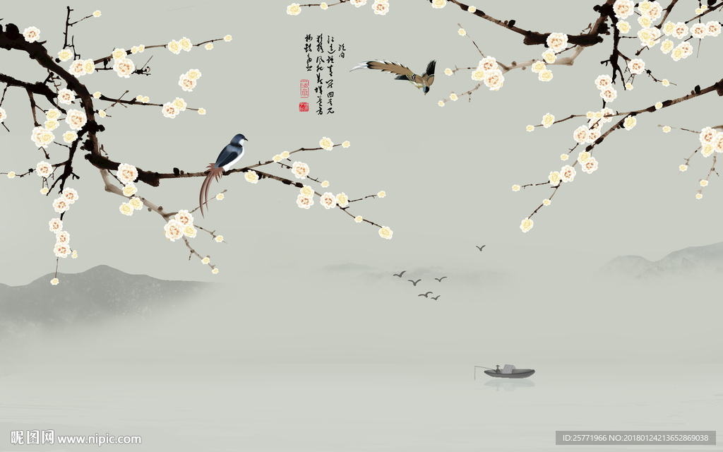 大型工笔手绘梅花背景墙壁画