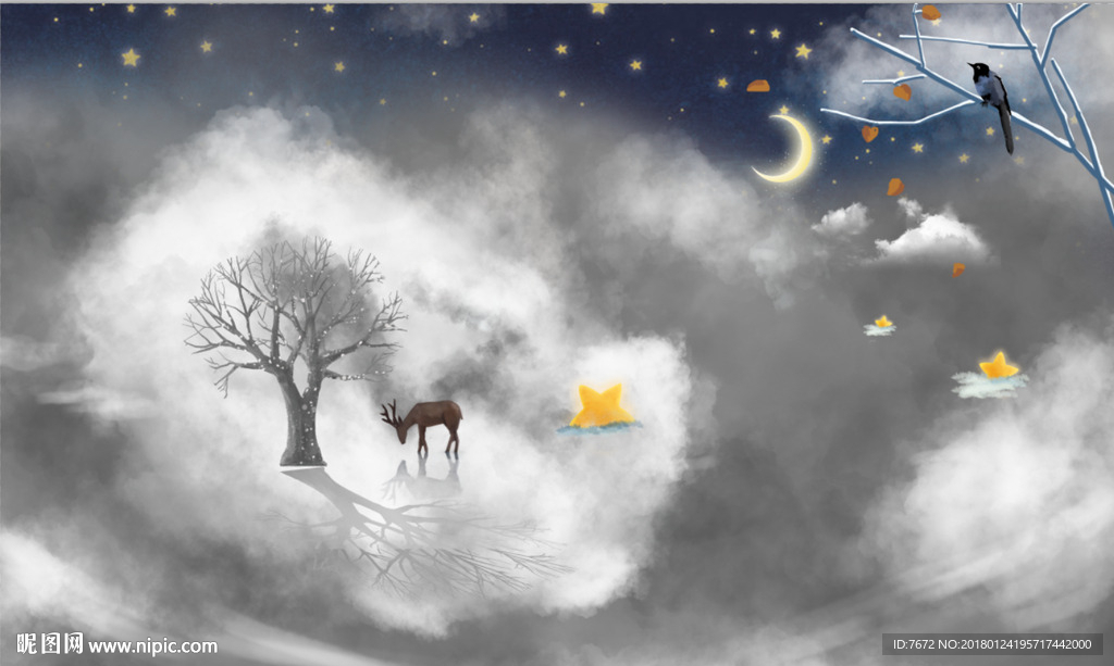 水彩卡通森林麋鹿背景墙